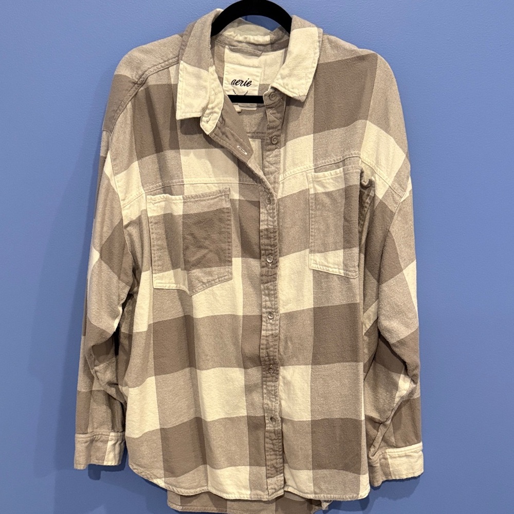 Aerie Checkered Flannel Shirt in White and Gray